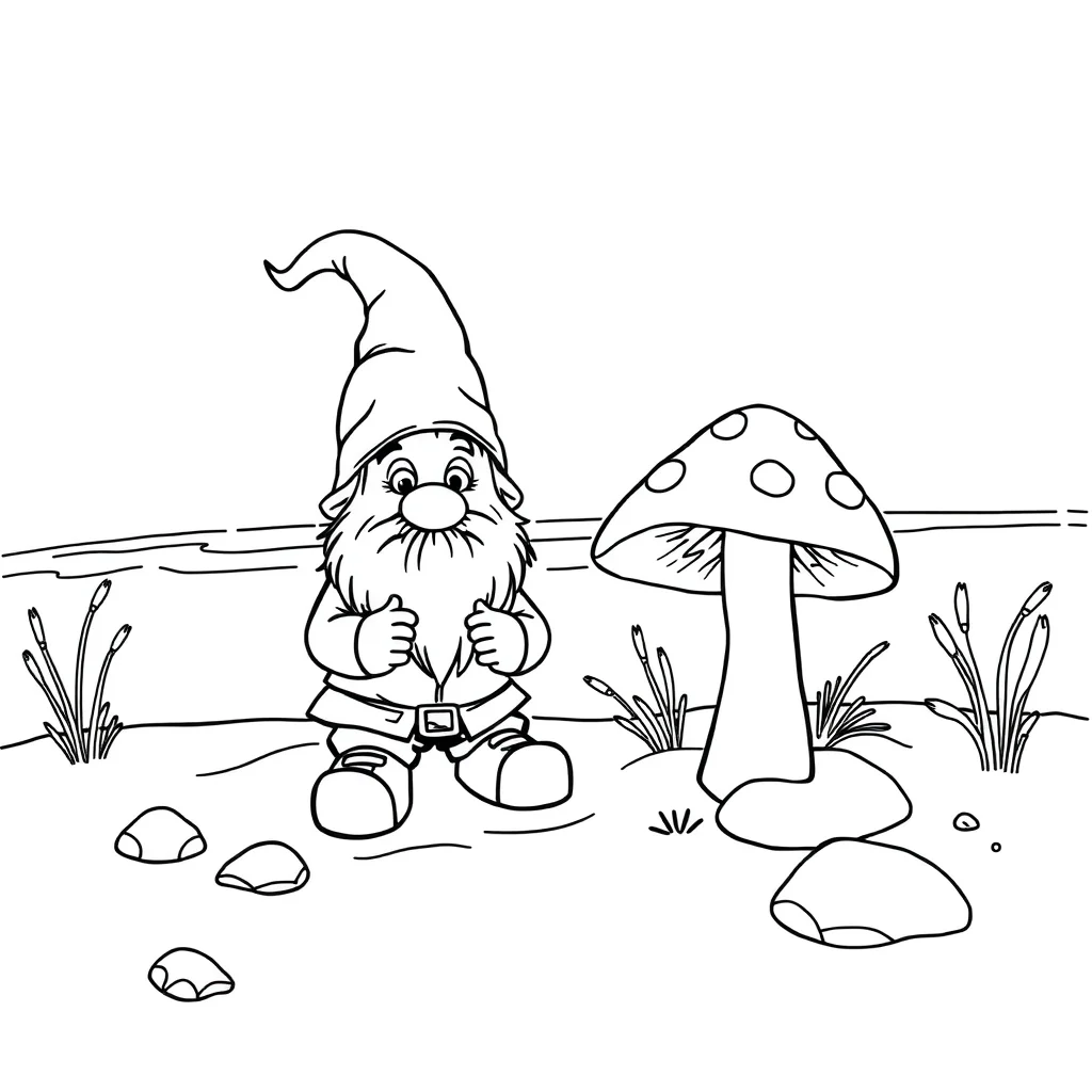 Gnomes a gnome and a mushroom on the beach — classic gnomes coloring page (ages 5–10)