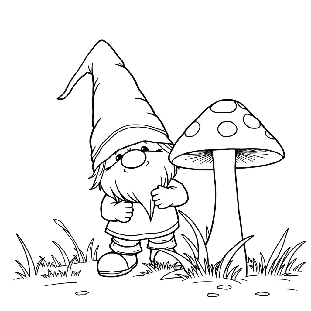 Gnomes a gnome and a mushroom peeking from behind something — classic gnomes coloring page (ages 5–10)
