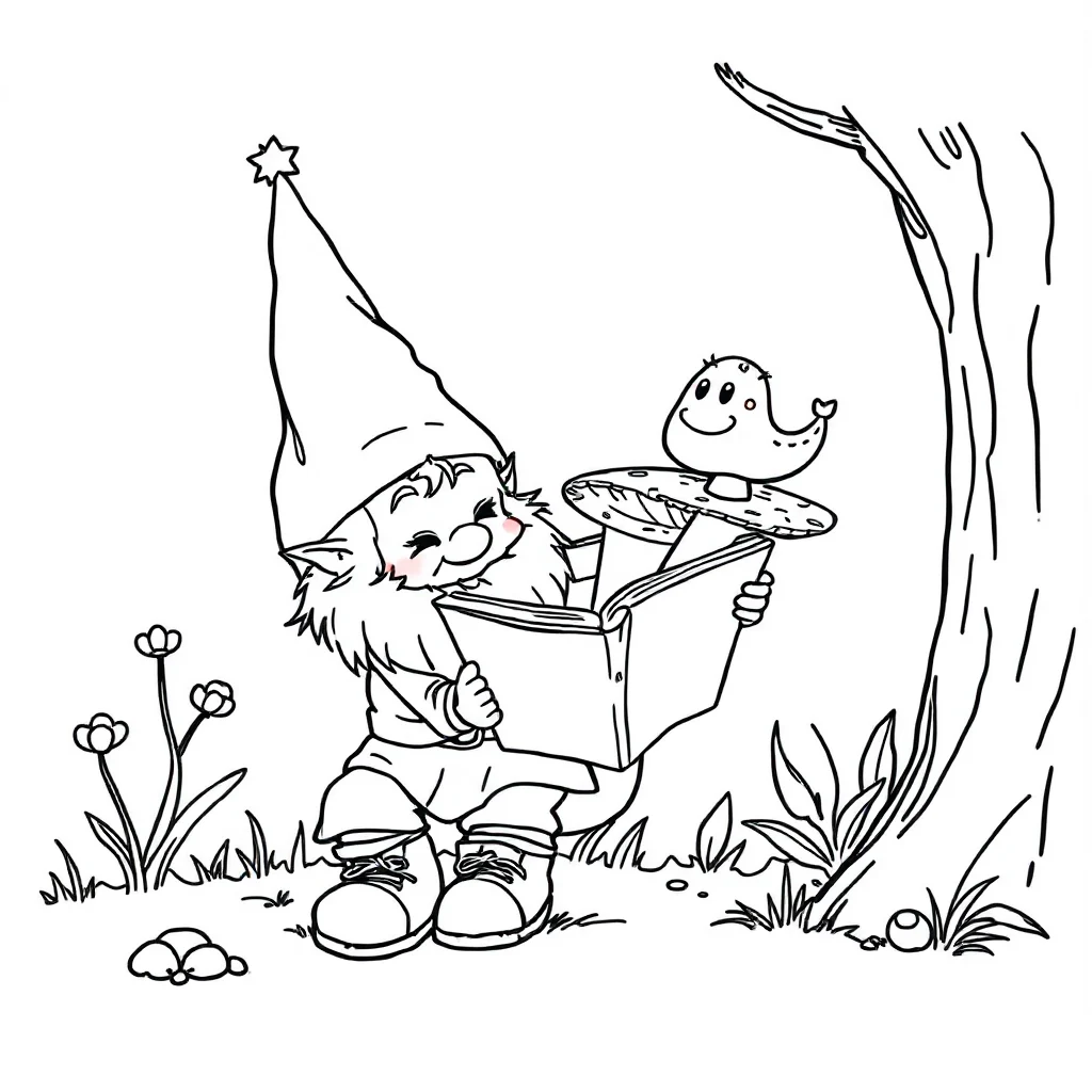 Gnomes a gnome and a mushroom reading a book — classic gnomes coloring page (ages 5–10)