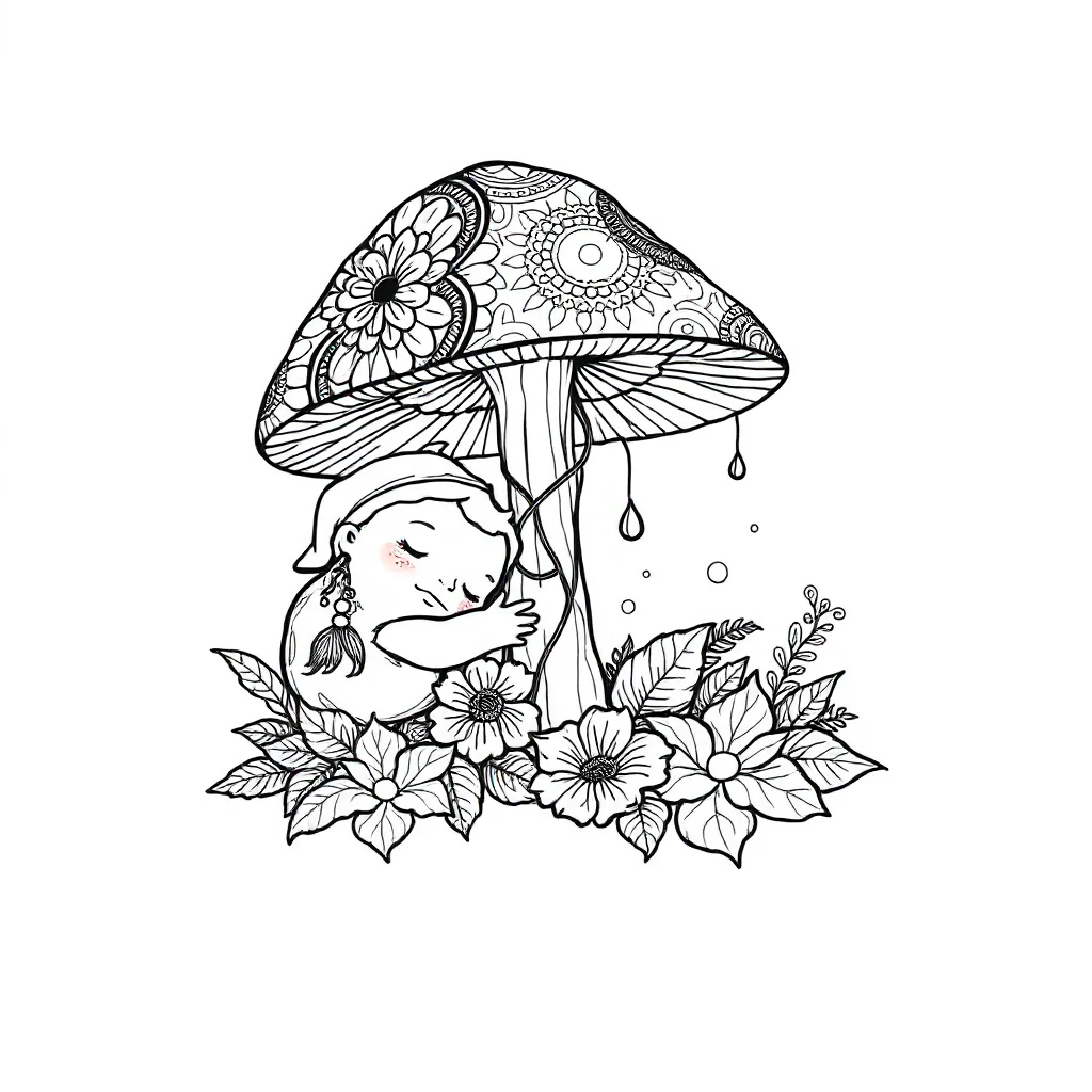 Gnomes a gnome and a mushroom sleeping curled up — detailed gnomes coloring page (ages 9+ & adults)