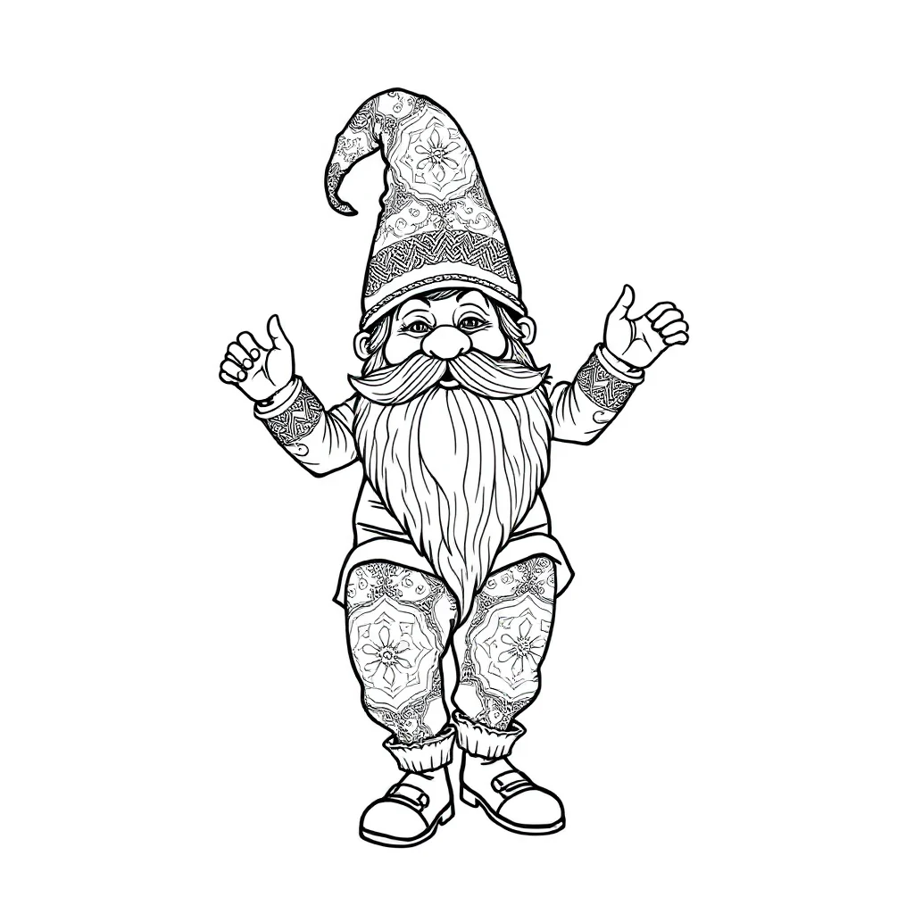 Gnomes a gnome with a beard dancing — detailed gnomes coloring page (ages 9+ & adults)