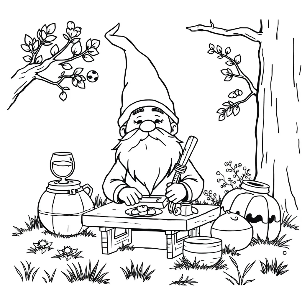 Gnomes a gnome with a beard having a picnic — classic gnomes coloring page (ages 5–10)