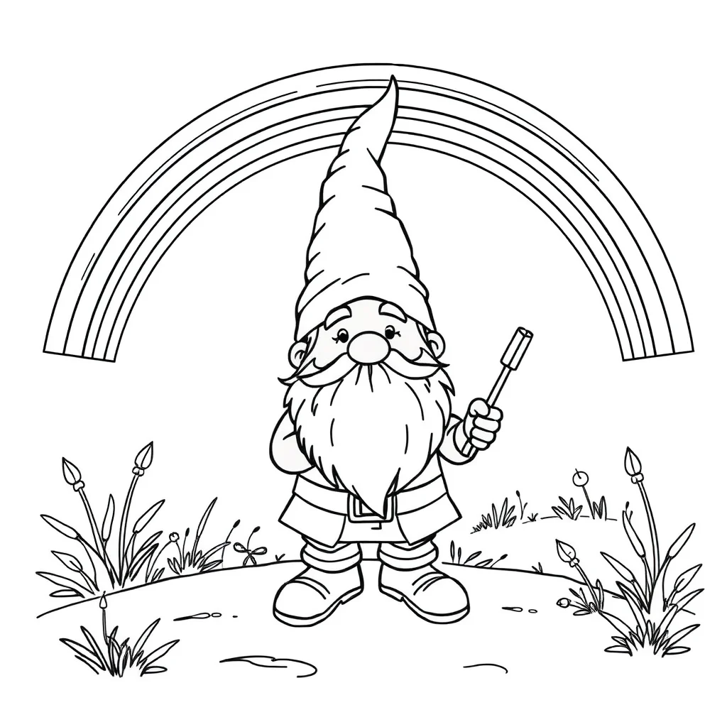 Gnomes a gnome with a beard under a rainbow — classic gnomes coloring page (ages 5–10)