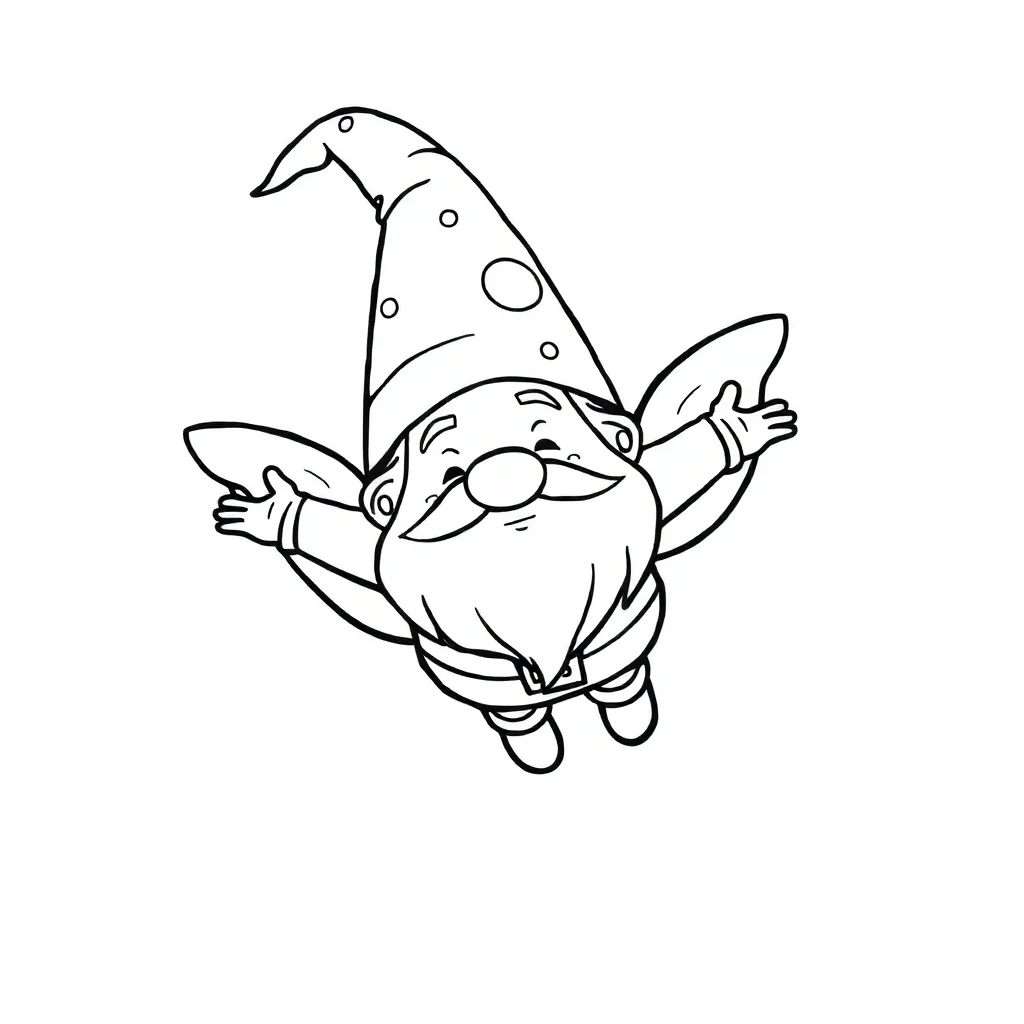 Gnomes a gnome with a pointy hat flying — easy gnomes coloring page (ages 2–5)