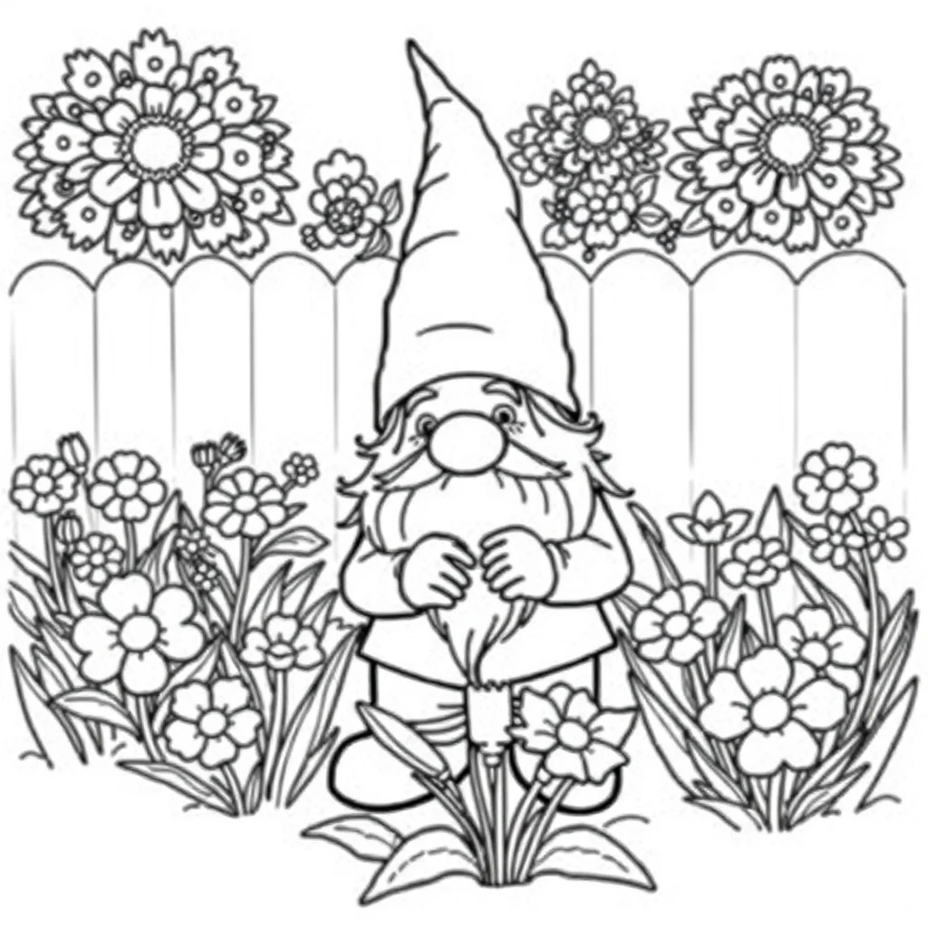 Gnomes a gnome with a pointy hat in a flower garden — classic gnomes coloring page (ages 5–10)