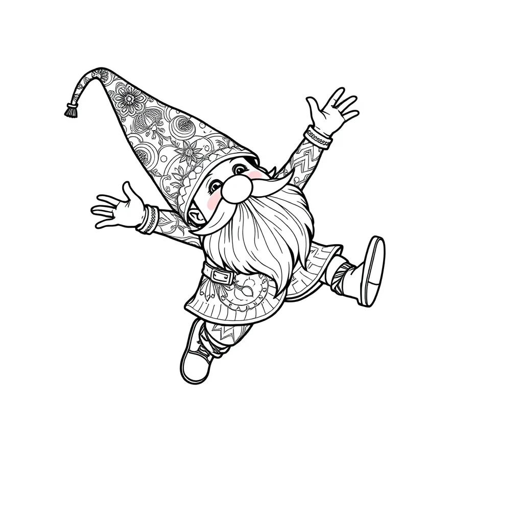 Gnomes a gnome with a pointy hat leaping mid air — detailed gnomes coloring page (ages 9+ & adults)