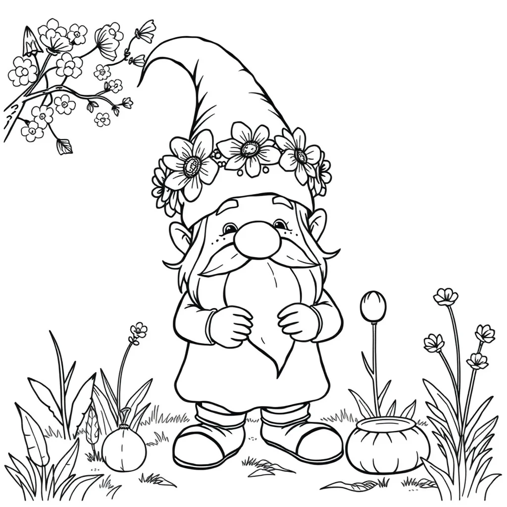 Gnomes a gnome with a pointy hat wearing a flower crown — classic gnomes coloring page (ages 5–10)