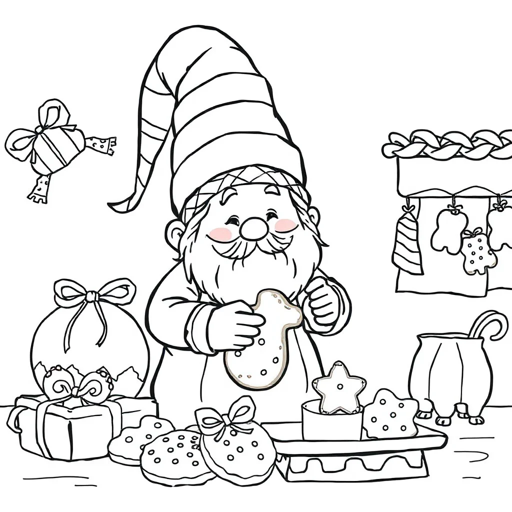 Gnomes a holiday gnome baking cookies — classic gnomes coloring page (ages 5–10)