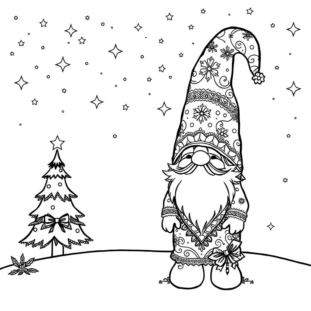 Gnomes a holiday gnome under the night sky with stars — detailed gnomes coloring page (ages 9+ & adults)