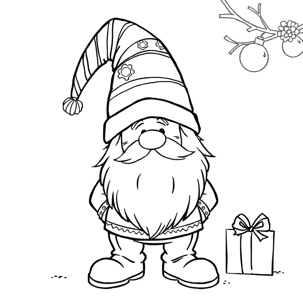 Gnomes a holiday gnome wearing a party hat — classic gnomes coloring page (ages 5–10)