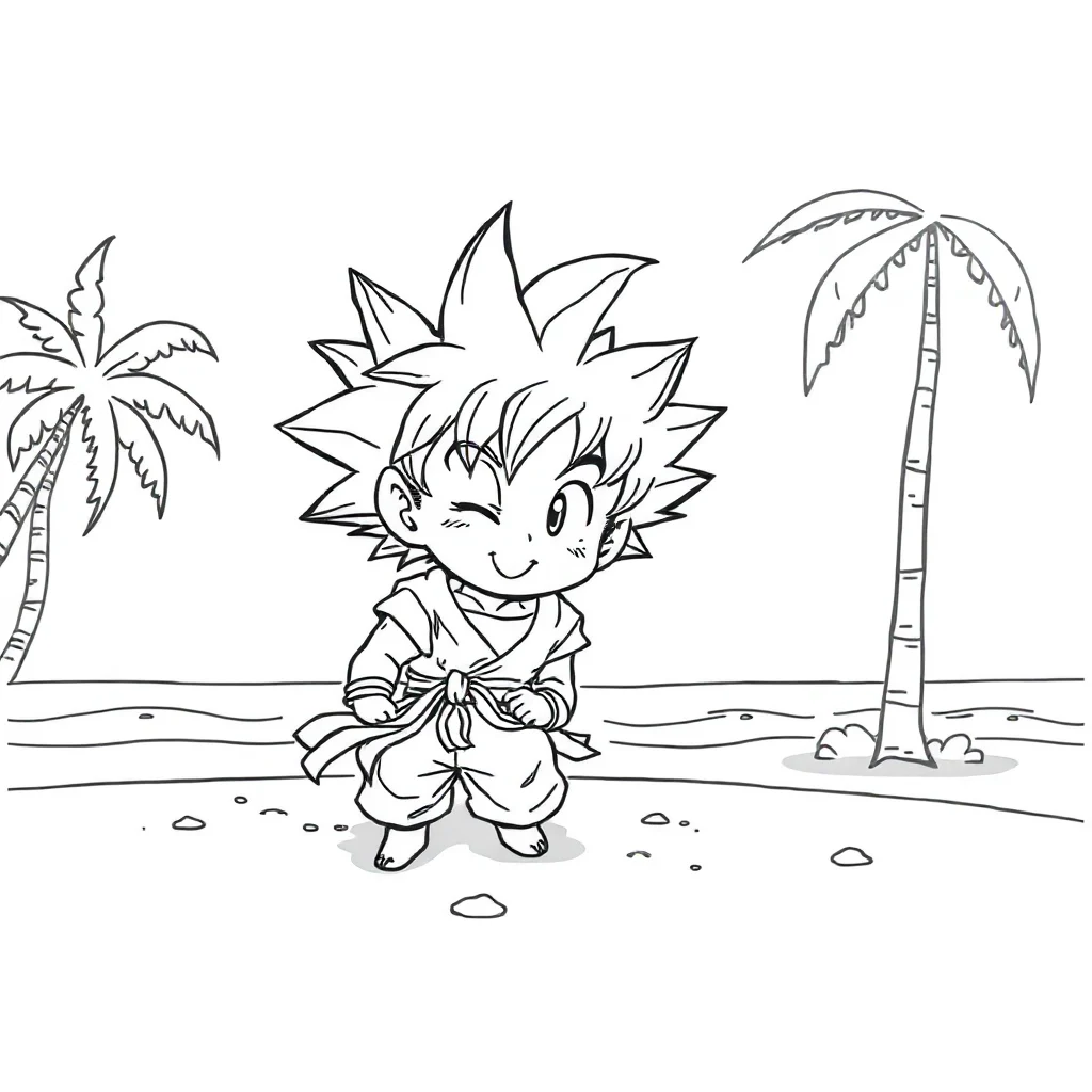 Goku a chibi goku smiling on the beach — classic goku coloring page (ages 5–10)