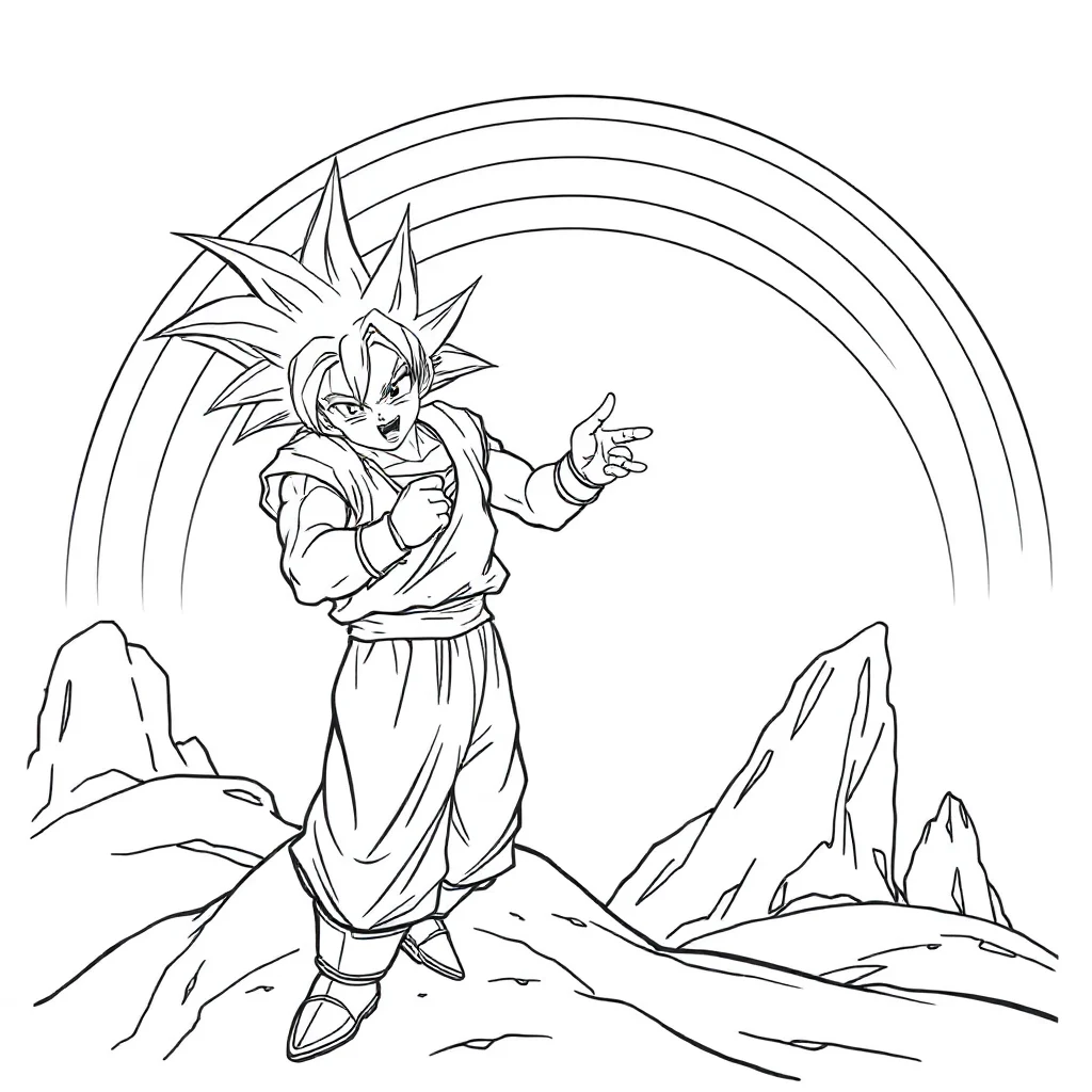 Goku goku charging energy under a rainbow — classic goku coloring page (ages 5–10)