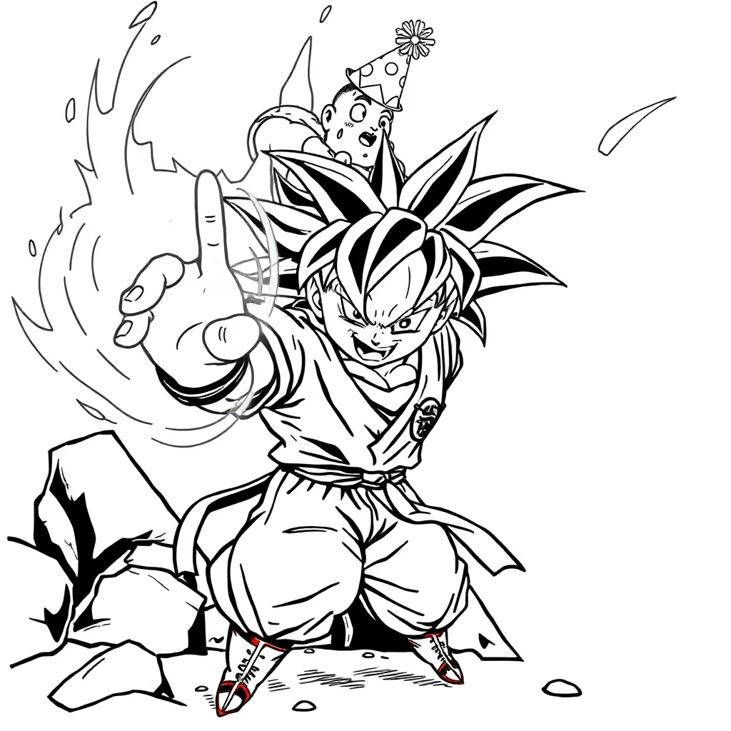 Goku goku charging energy wearing a party hat — classic goku coloring page (ages 5–10)