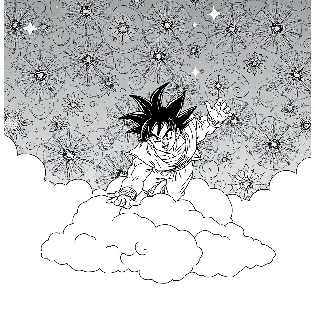 Goku goku flying on a cloud under the night sky with stars — detailed goku coloring page (ages 9+ & adults)