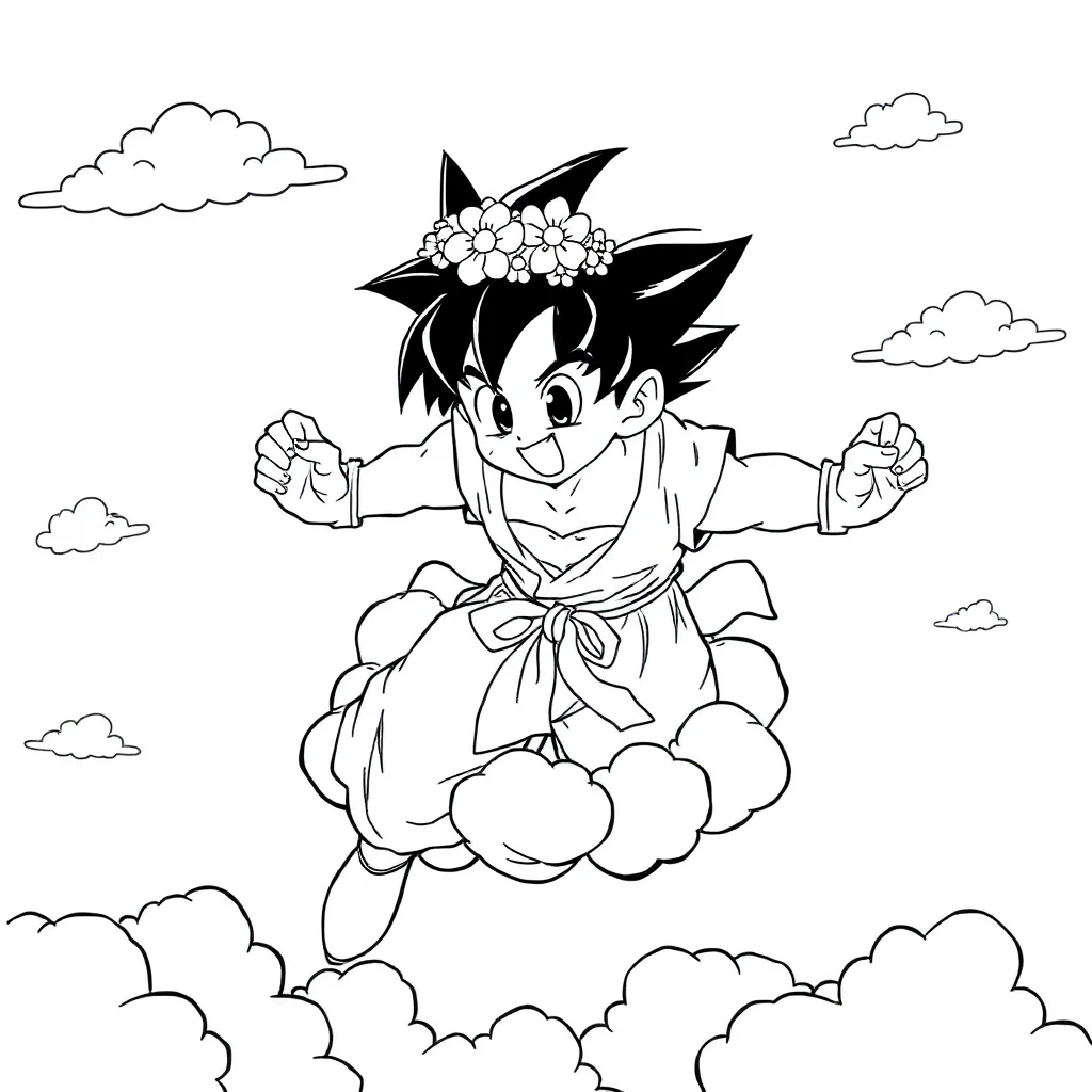 Goku goku flying on a cloud wearing a flower crown — classic goku coloring page (ages 5–10)