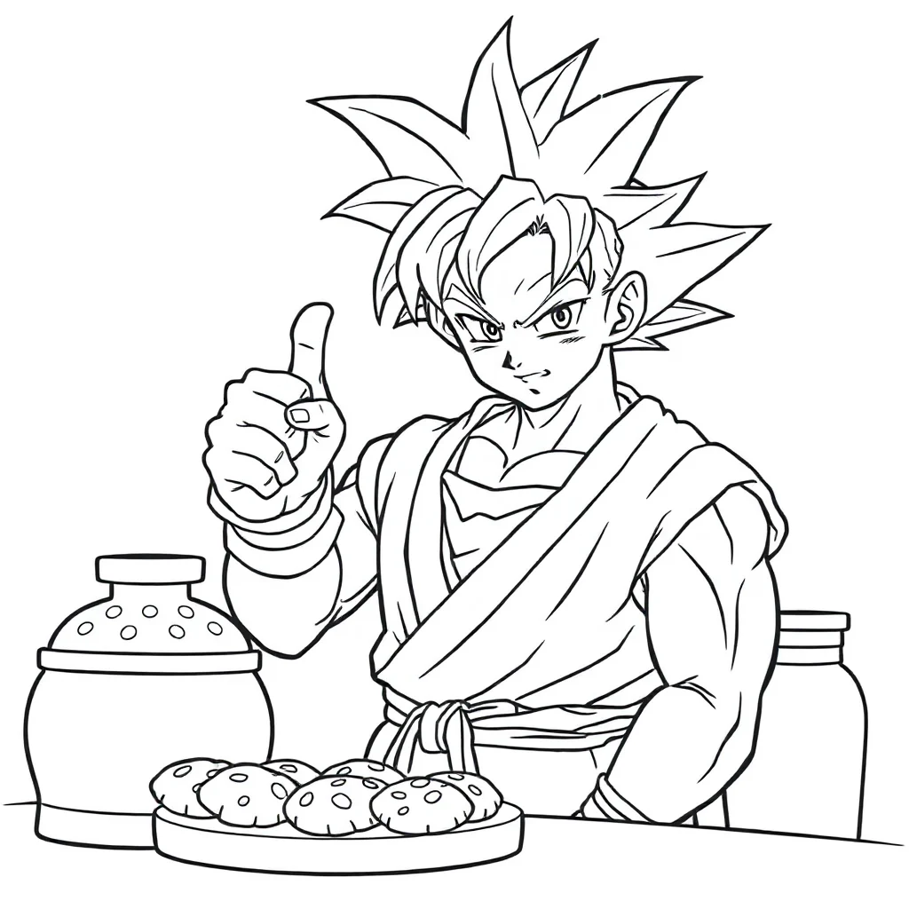 Goku goku giving a thumbs up baking cookies — classic goku coloring page (ages 5–10)