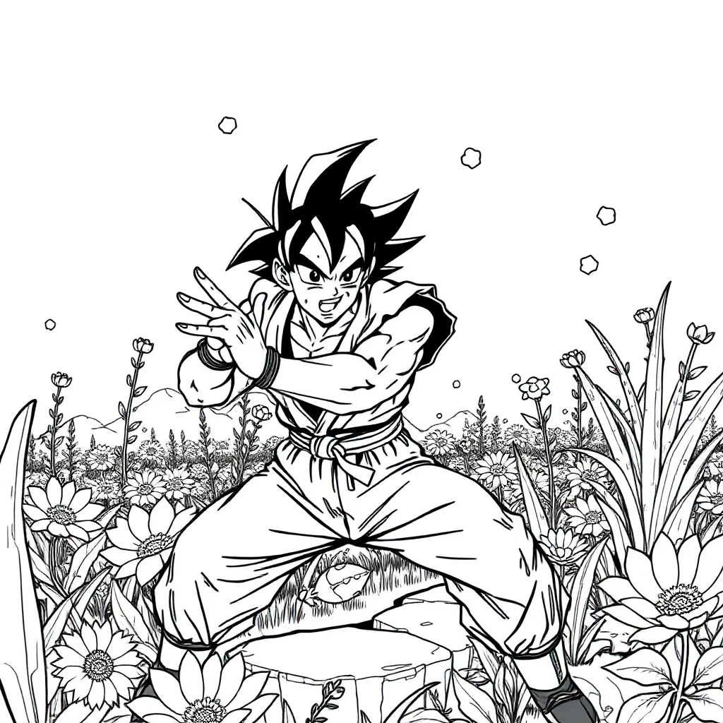 Goku goku in a fighting stance in a flower garden — classic goku coloring page (ages 5–10)
