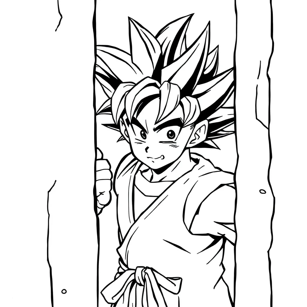 Goku goku in a fighting stance peeking from behind something — classic goku coloring page (ages 5–10)