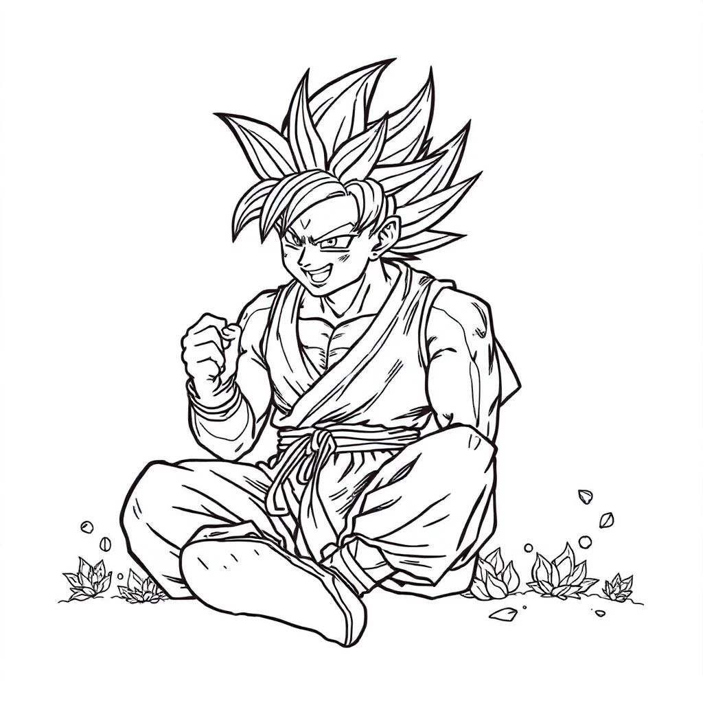 Goku goku powering up sitting — detailed goku coloring page (ages 9+ & adults)