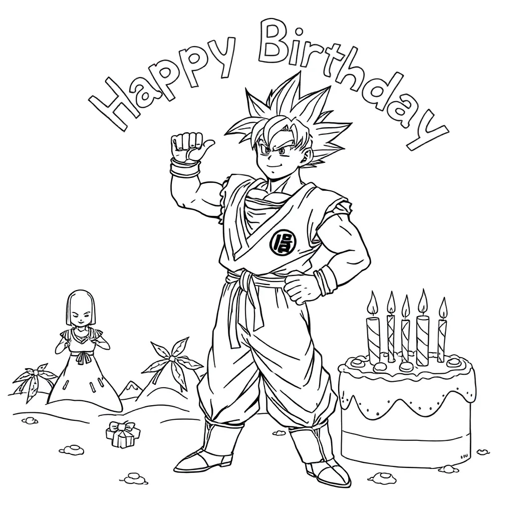 Goku goku standing heroically celebrating a birthday — classic goku coloring page (ages 5–10)