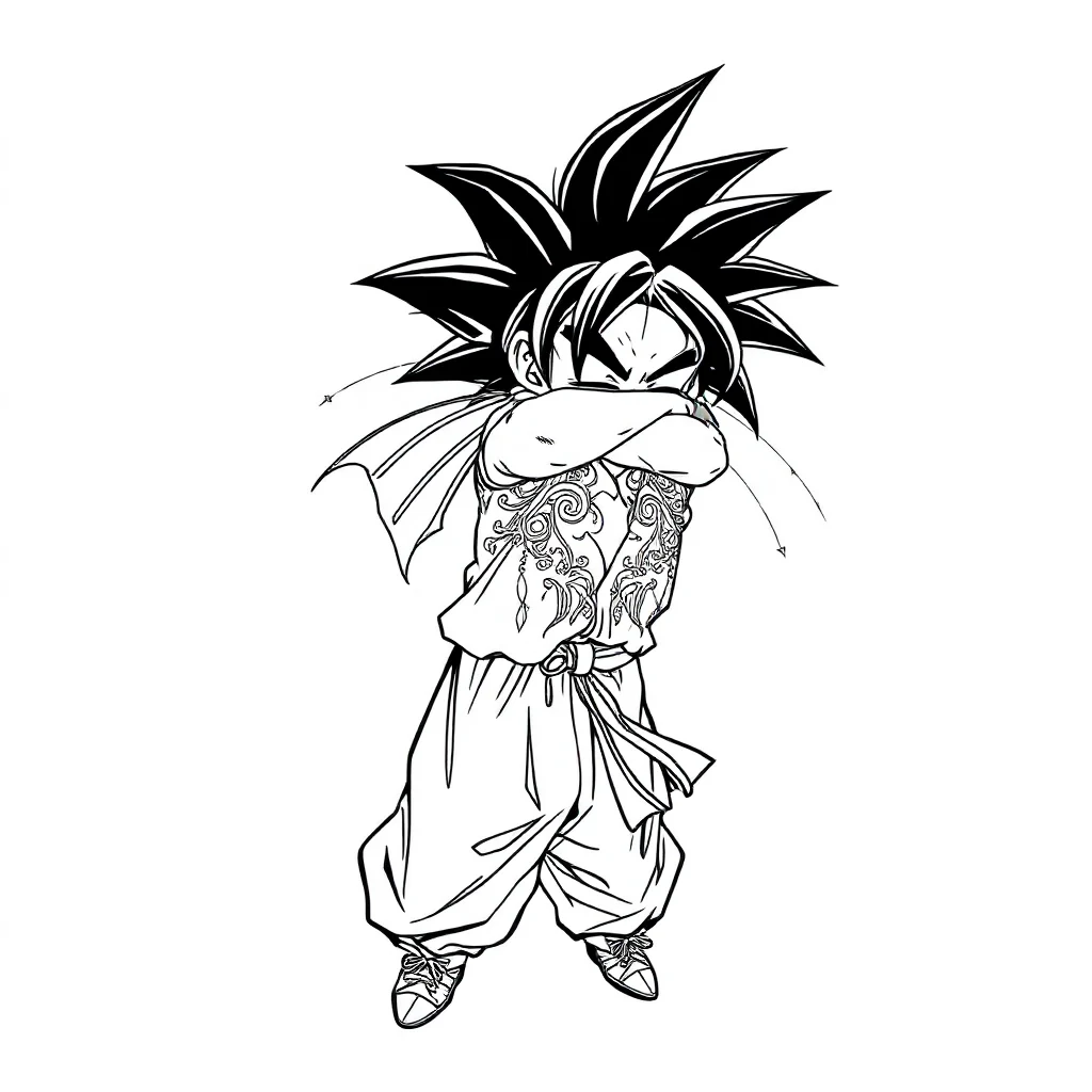 Goku goku standing heroically sleeping curled up — detailed goku coloring page (ages 9+ & adults)