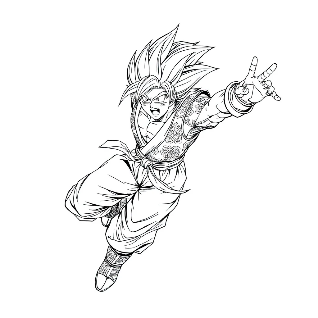 Goku goku throwing a punch leaping mid air — detailed goku coloring page (ages 9+ & adults)
