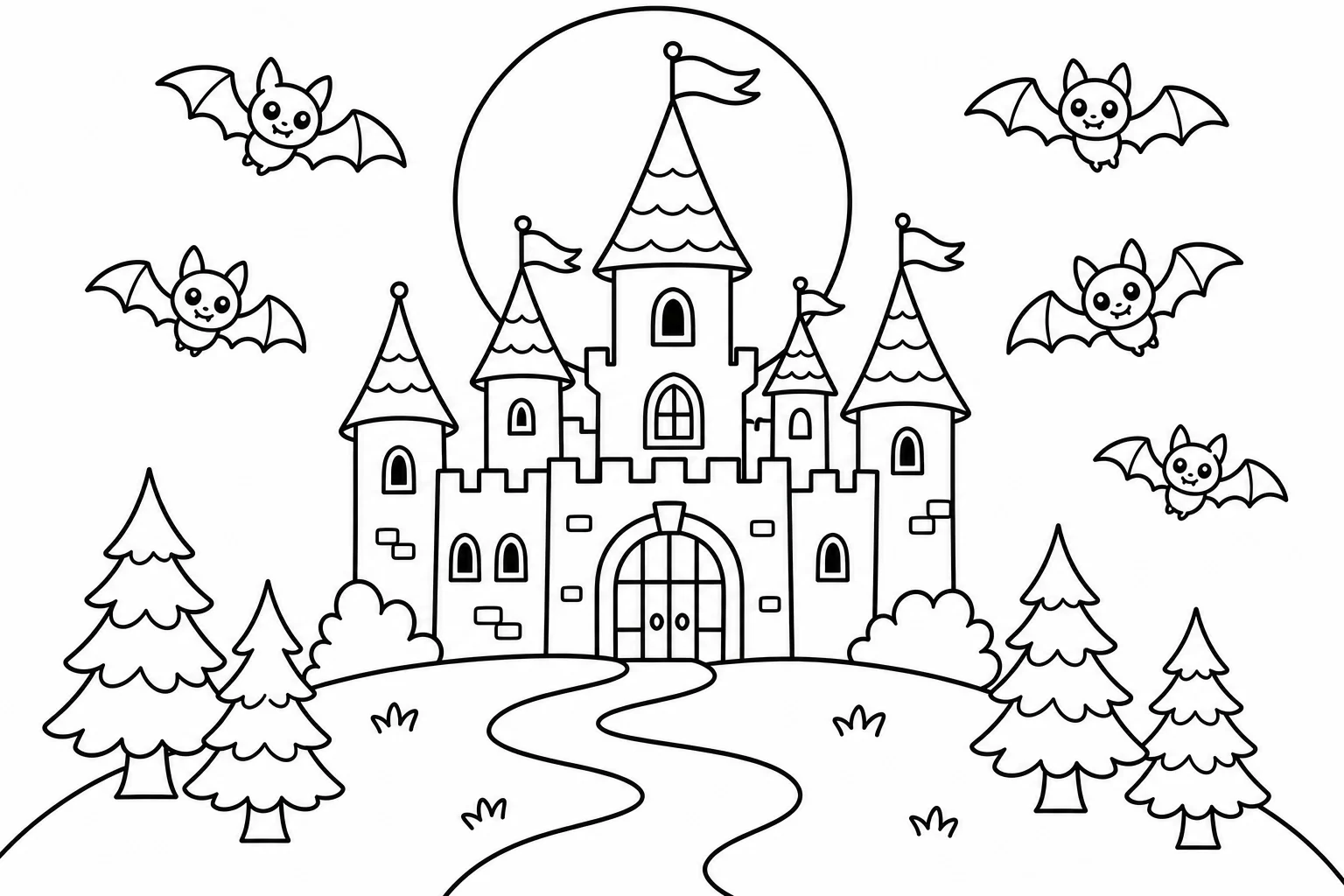 Halloween bats castle — classic halloween coloring page (ages 5–10)