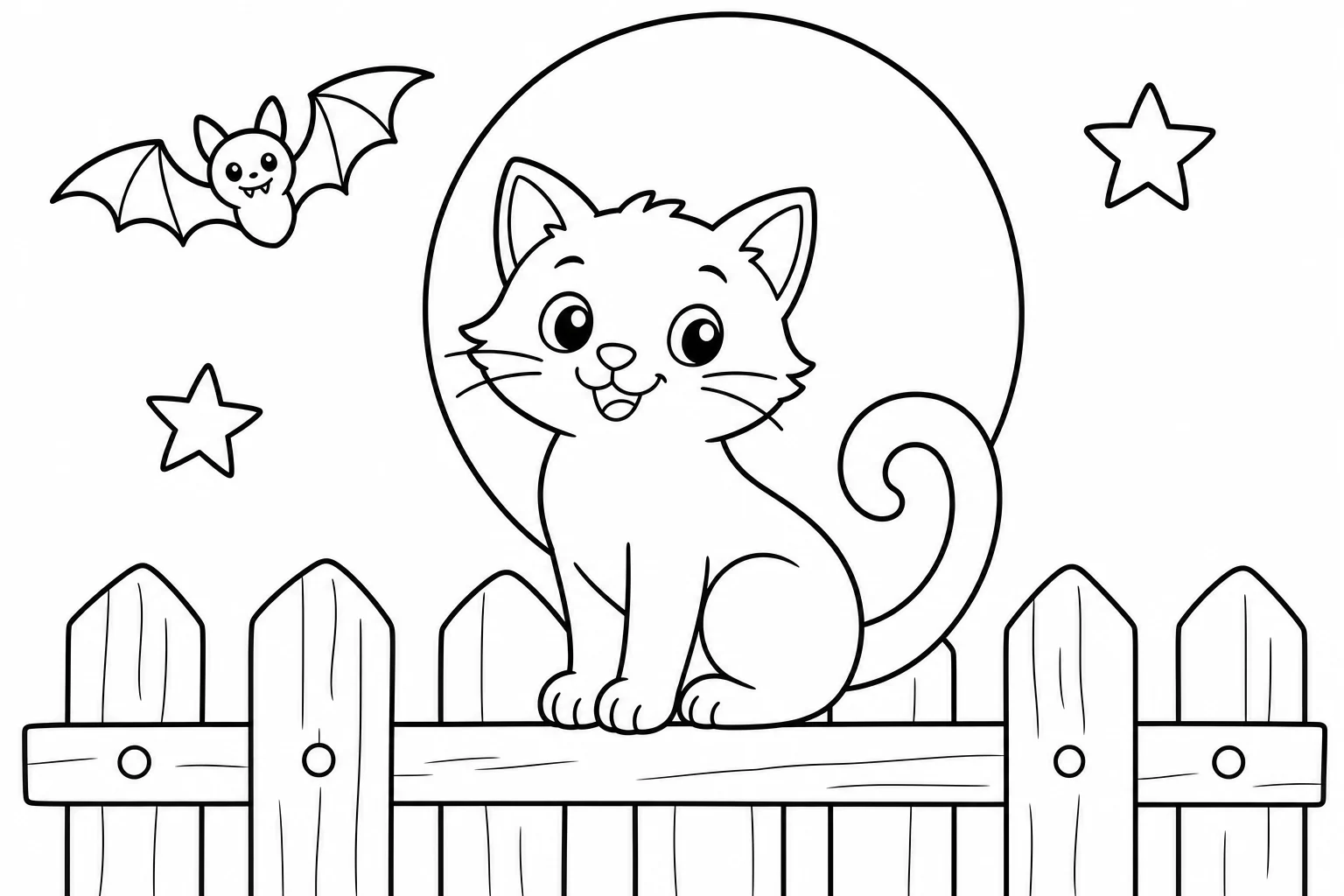 Halloween black cat fence — easy halloween coloring page (ages 2–5)