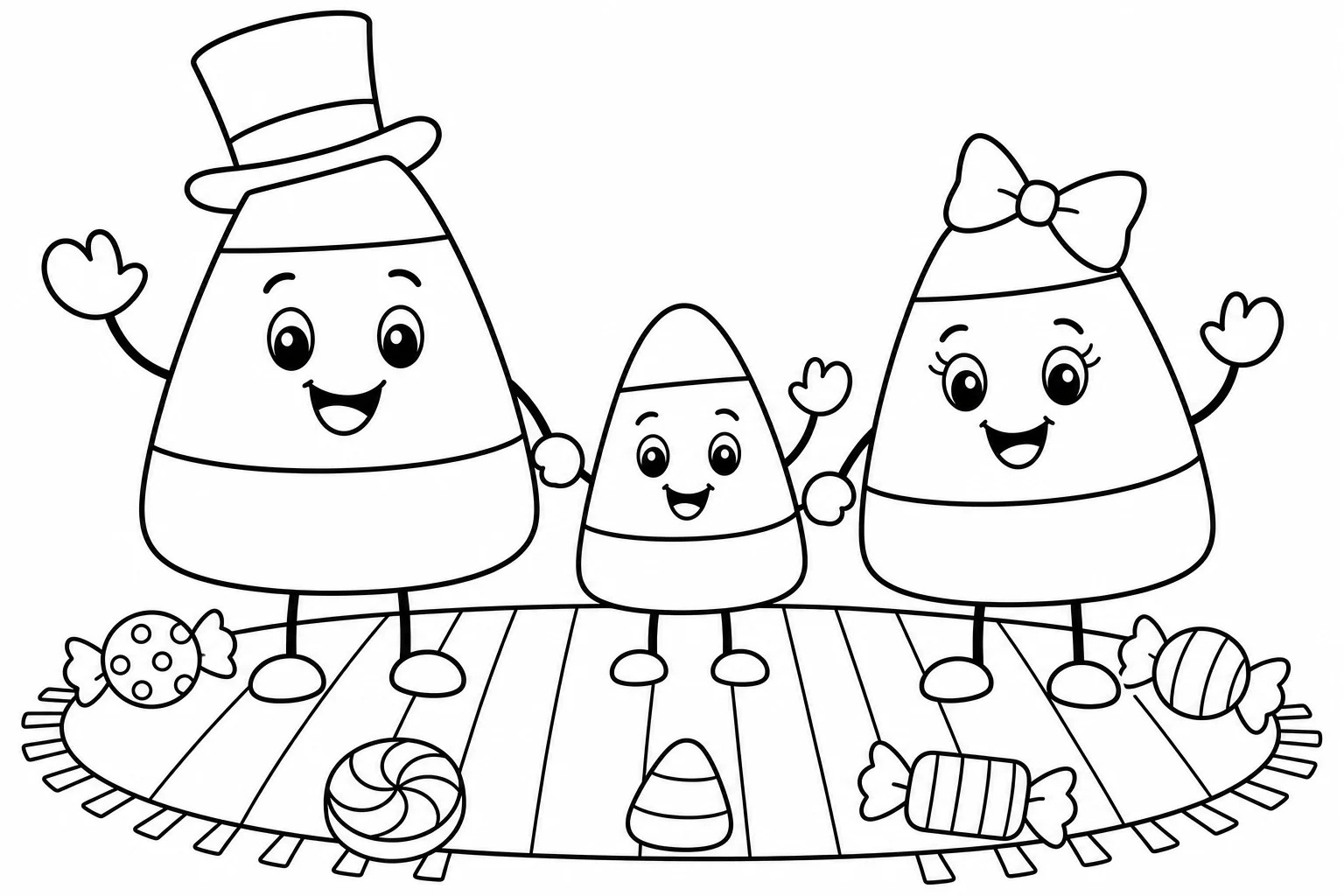 Halloween candy corn family — classic halloween coloring page (ages 5–10)