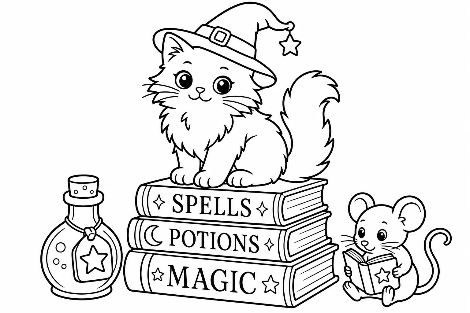 Halloween cat spellbooks — classic halloween coloring page (ages 5–10)