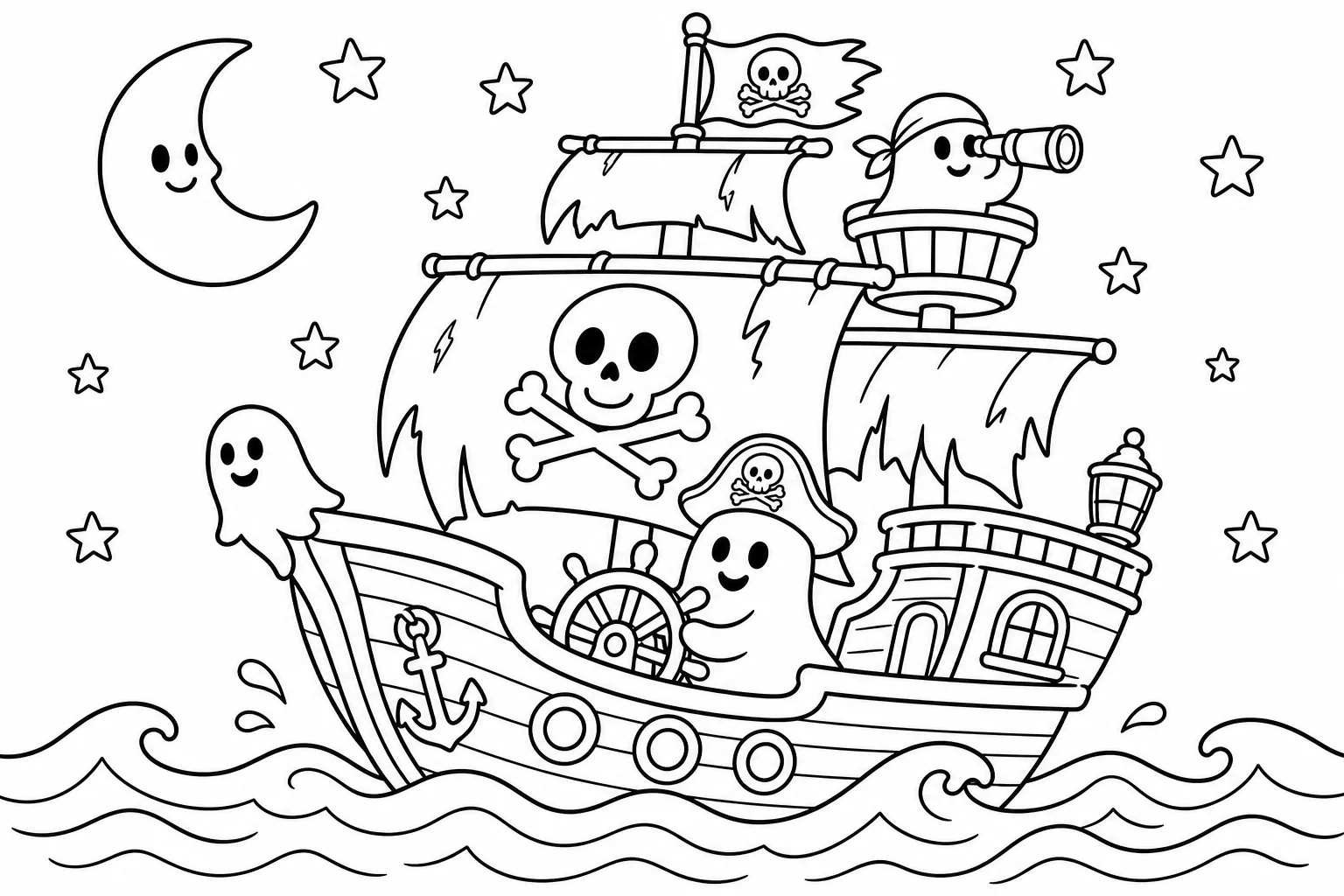 Halloween ghost pirate ship — classic halloween coloring page (ages 5–10)