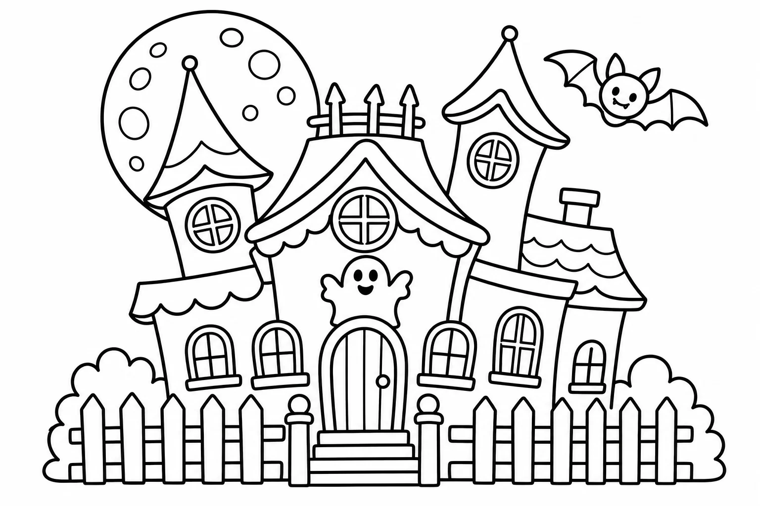 Halloween haunted house — classic halloween coloring page (ages 5–10)