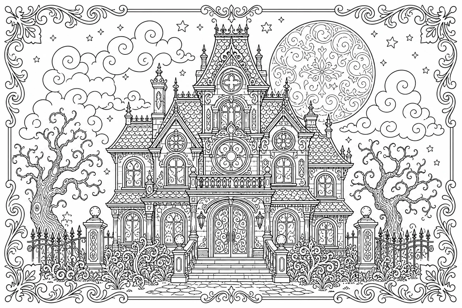 Halloween haunted manor — detailed halloween coloring page (ages 9+ & adults)