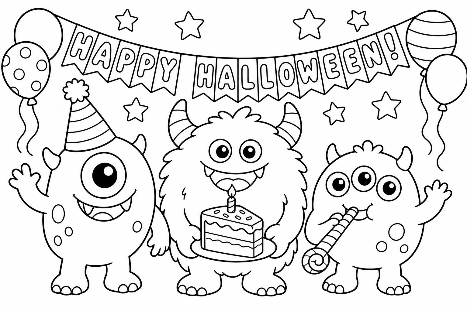 Halloween monster party — classic halloween coloring page (ages 5–10)