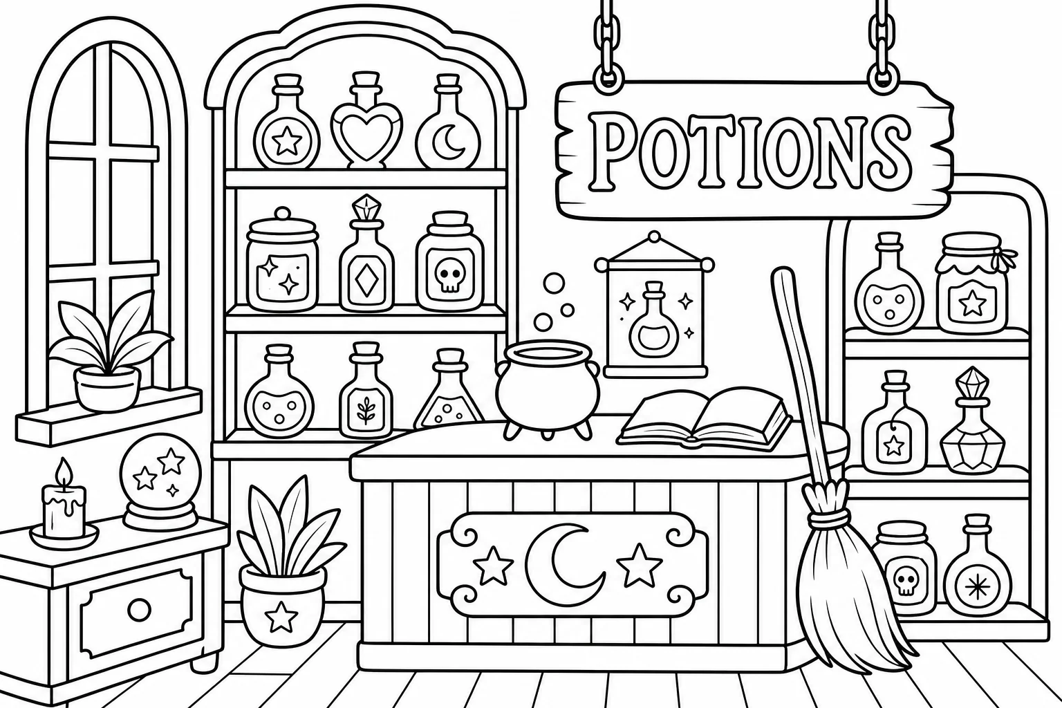 Halloween potion shop — classic halloween coloring page (ages 5–10)