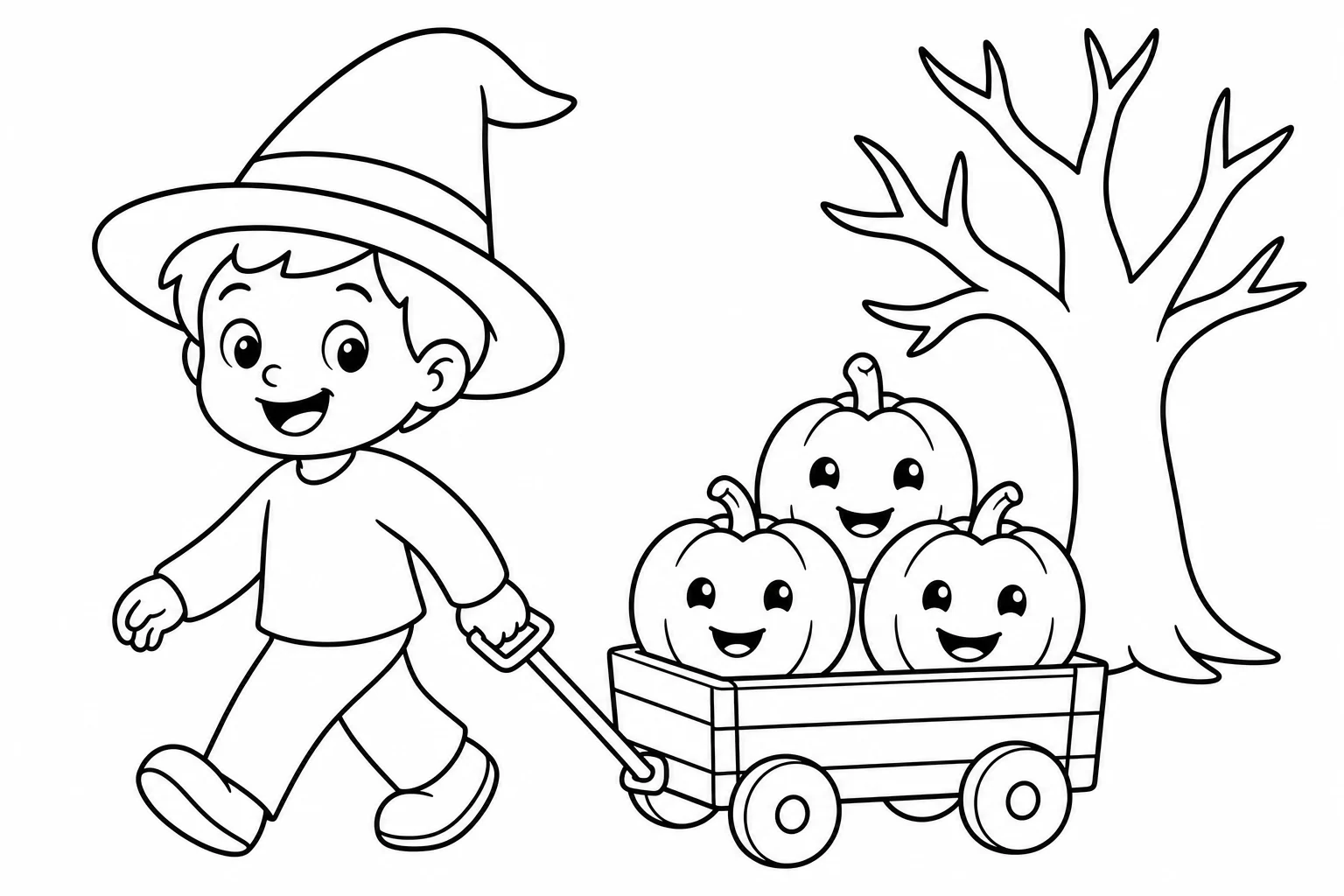 Halloween pumpkin wagon — easy halloween coloring page (ages 2–5)