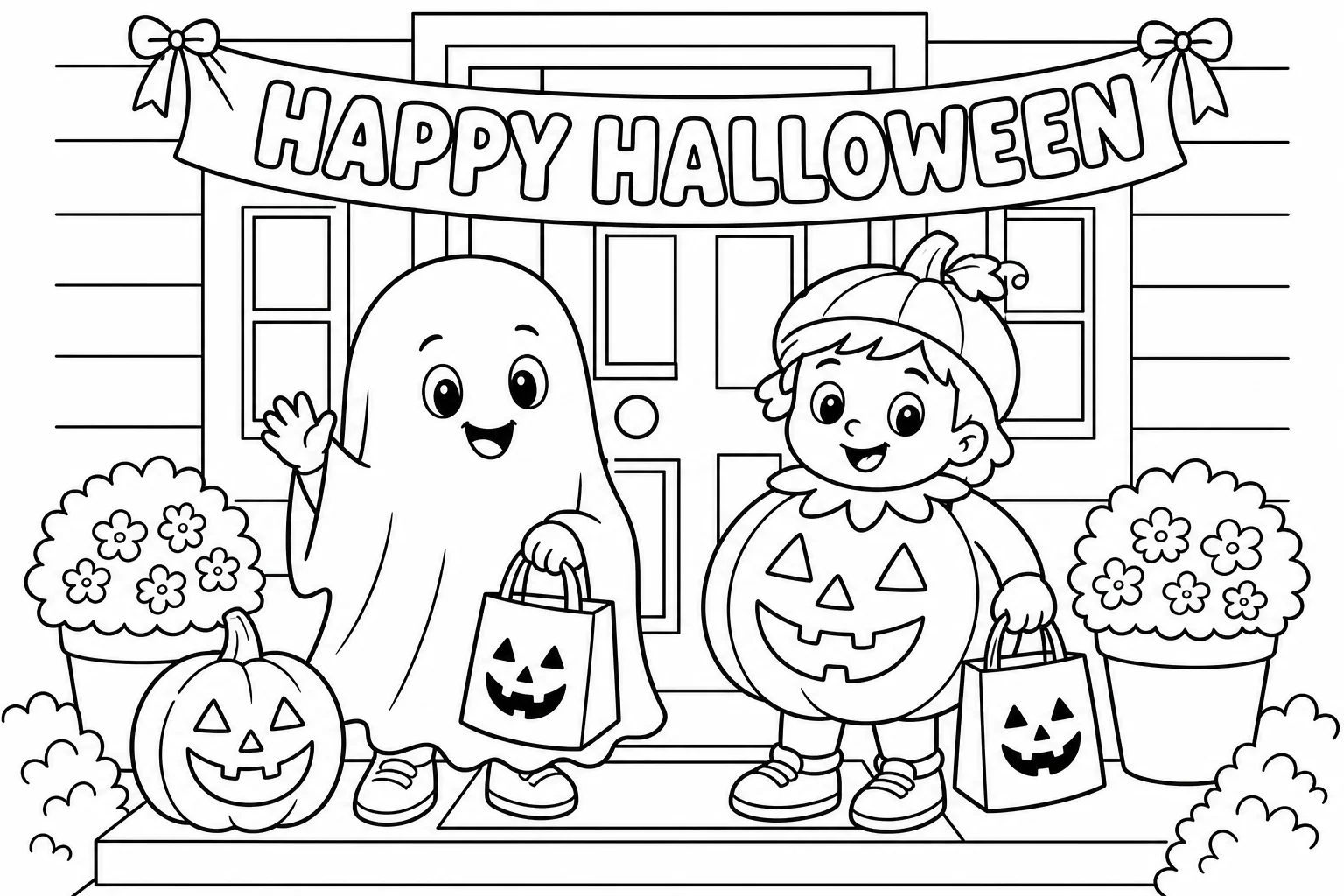 Halloween trick or treaters — classic halloween coloring page (ages 5–10)