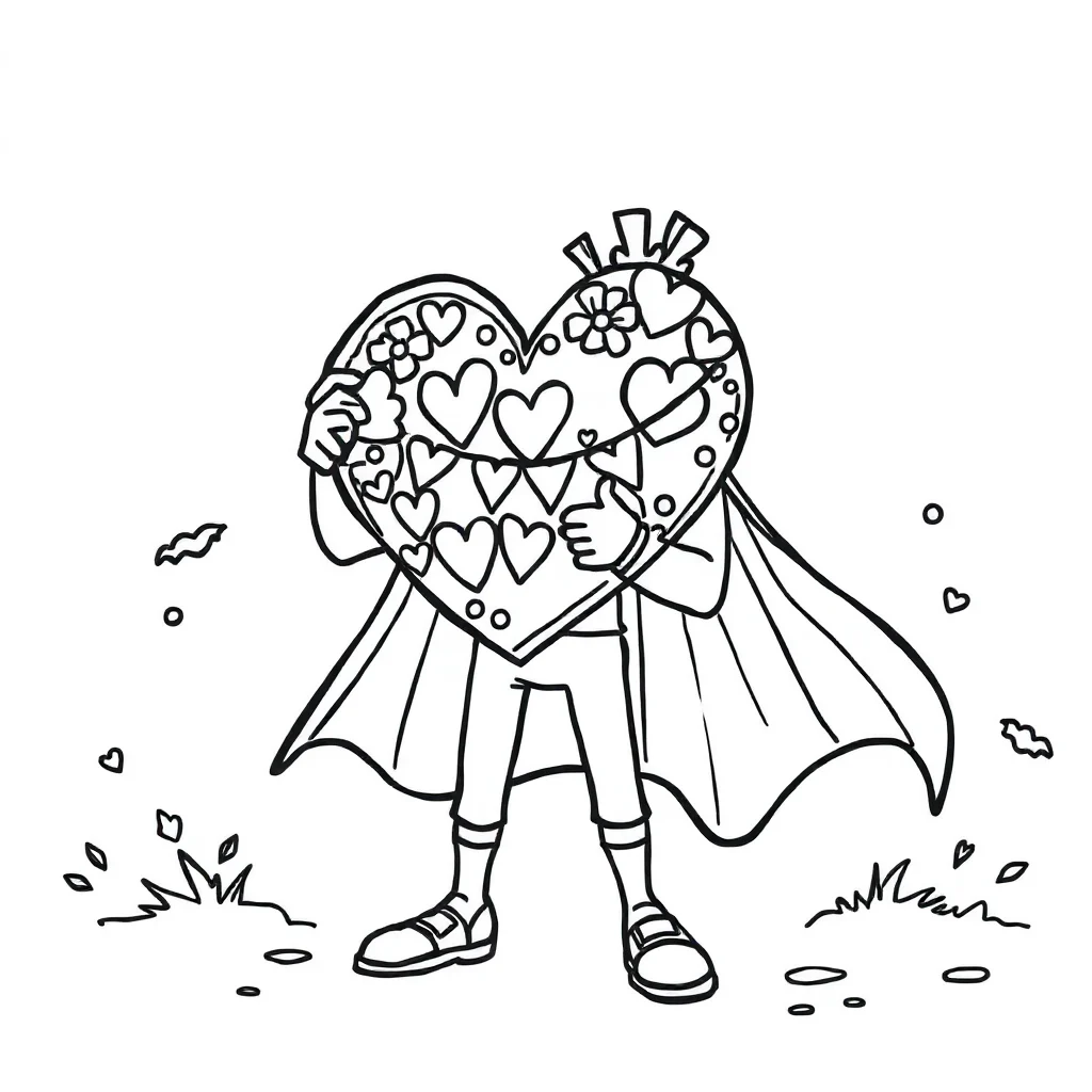 Hearts a decorated heart in a superhero cape — classic hearts coloring page (ages 5–10)