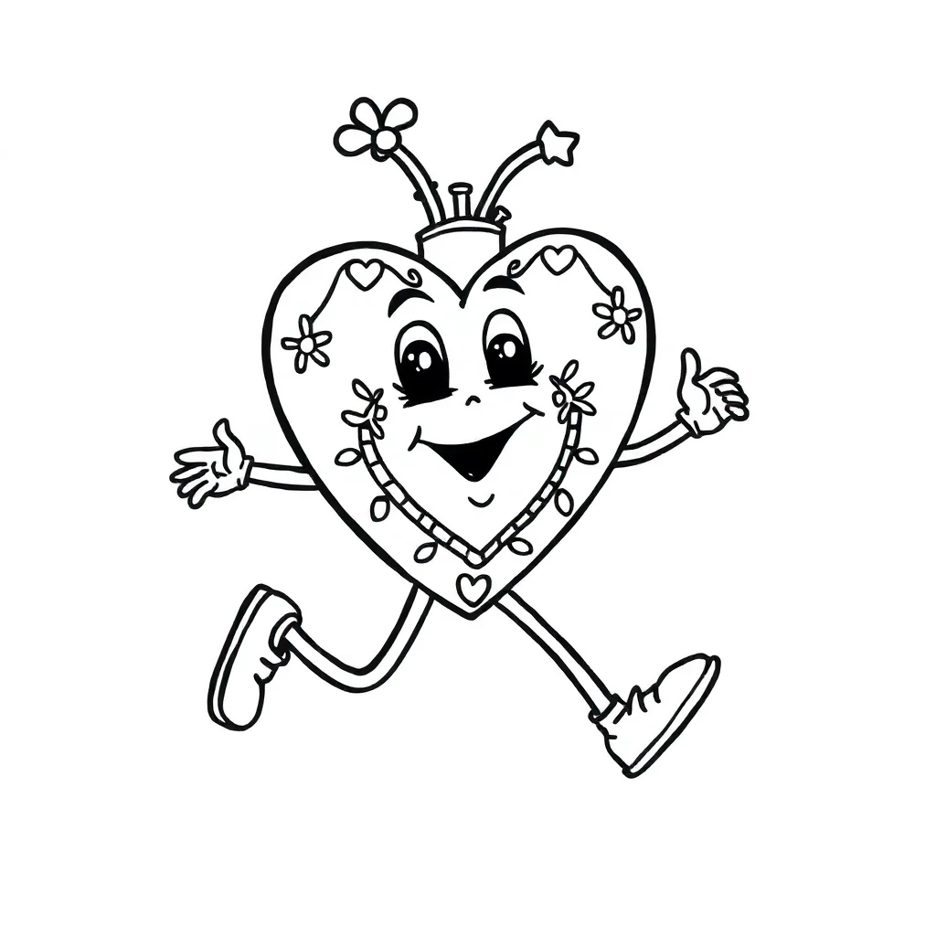 Hearts a decorated heart running — easy hearts coloring page (ages 2–5)