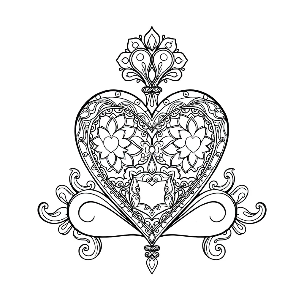 Hearts a decorated heart sitting — detailed hearts coloring page (ages 9+ & adults)