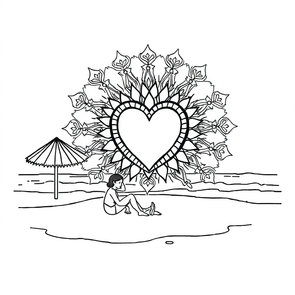 Hearts a heart mandala on the beach — classic hearts coloring page (ages 5–10)