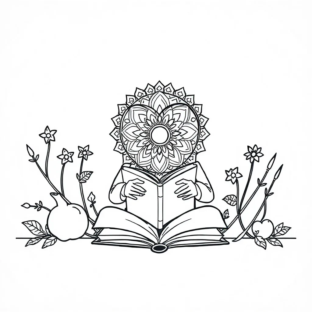 Hearts a heart mandala reading a book — classic hearts coloring page (ages 5–10)
