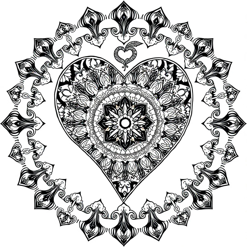 Hearts a heart mandala sleeping curled up — detailed hearts coloring page (ages 9+ & adults)