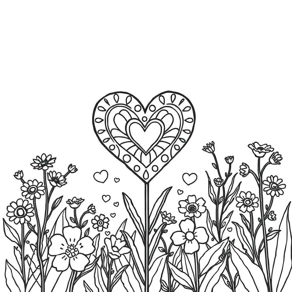 Hearts a heart pattern in a flower garden — classic hearts coloring page (ages 5–10)