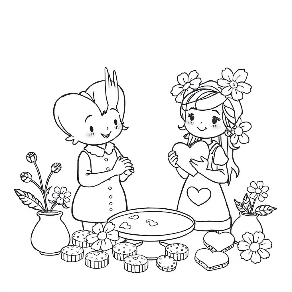 Hearts hearts and flowers baking cookies — classic hearts coloring page (ages 5–10)
