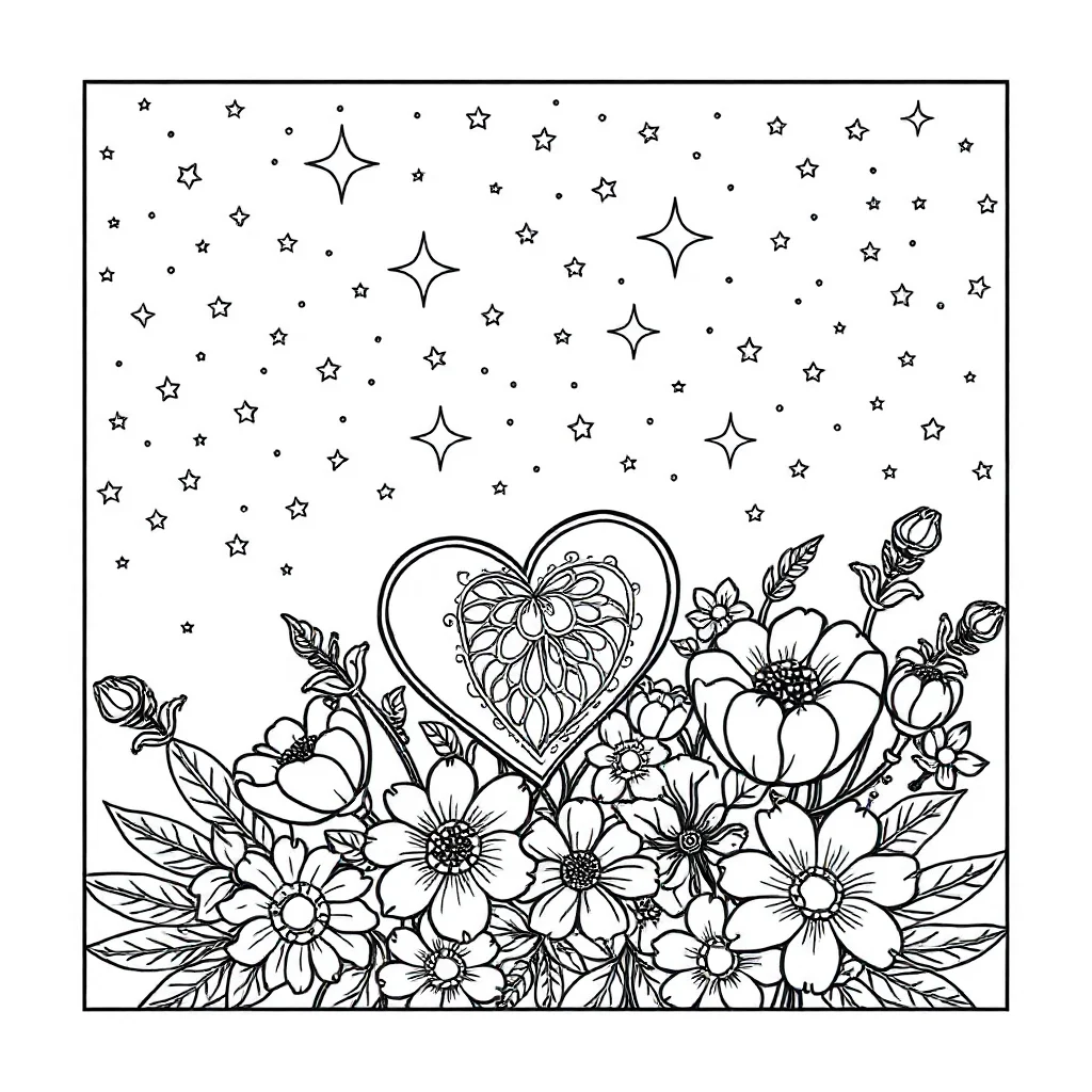 Hearts hearts and flowers under the night sky with stars — detailed hearts coloring page (ages 9+ & adults)