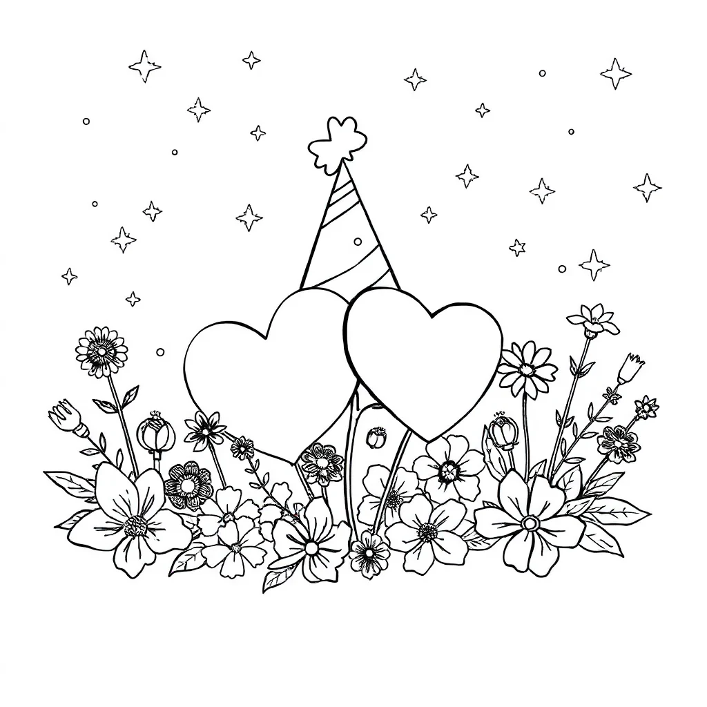 Hearts hearts and flowers wearing a party hat — classic hearts coloring page (ages 5–10)