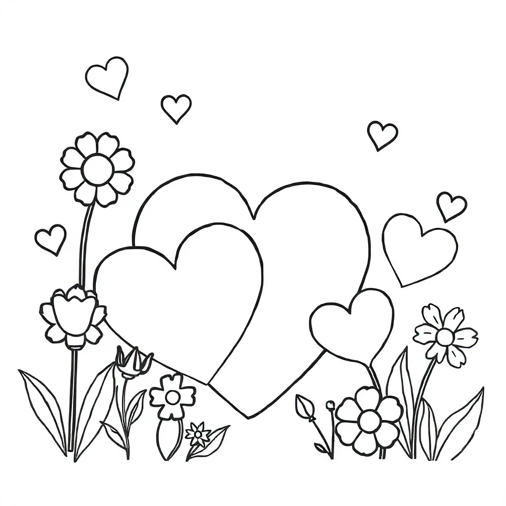 Hearts hearts and flowers — easy hearts coloring page (ages 2–5)