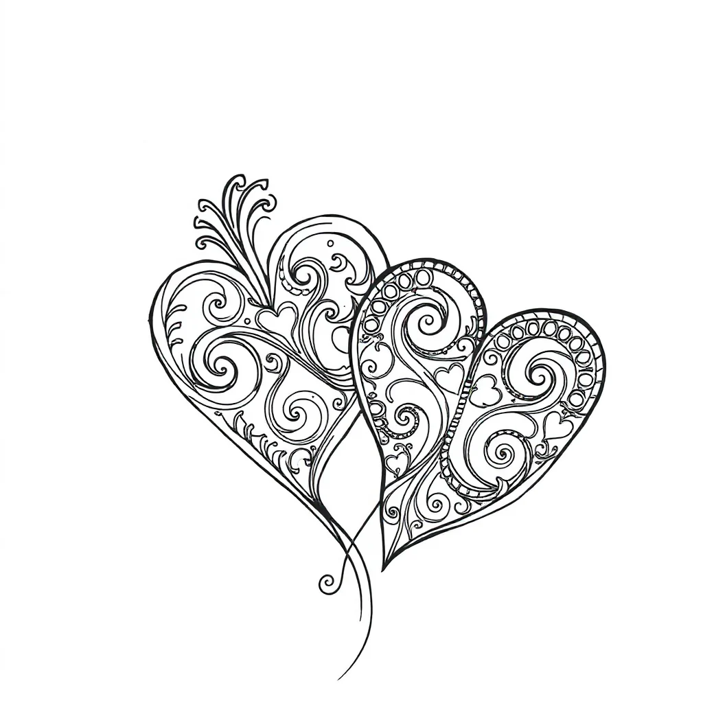 Hearts hearts with swirls dancing — detailed hearts coloring page (ages 9+ & adults)
