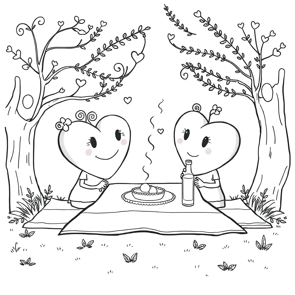 Hearts hearts with swirls having a picnic — classic hearts coloring page (ages 5–10)